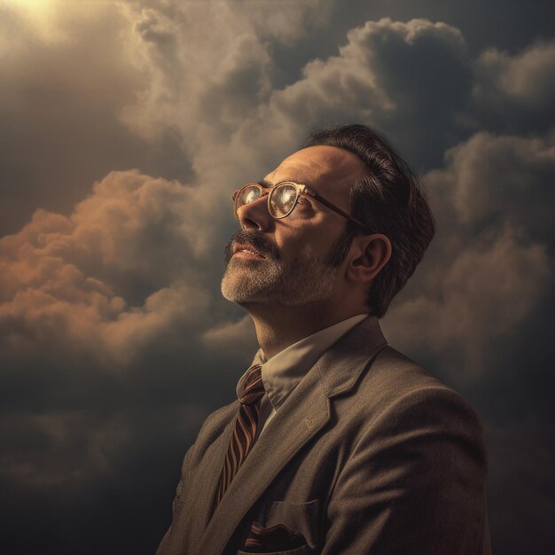 un hombre con traje y gafas mira al cielo.