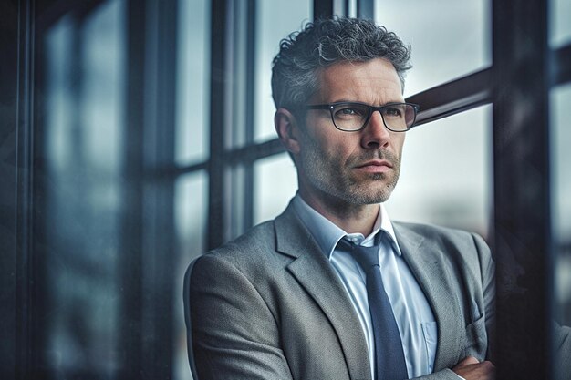 hombre con traje y gafas mirando por la ventana.