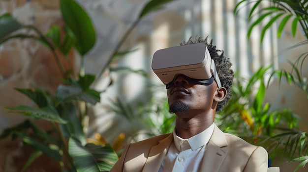 un hombre con un traje con gafas de realidad virtual en la cabeza
