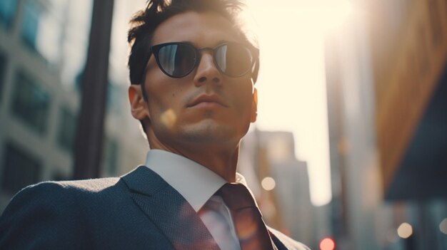 Un hombre con traje y gafas de sol se para frente a un paisaje urbano.