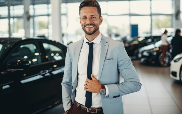 Hombre de traje y gafas de sol de pie frente a un coche