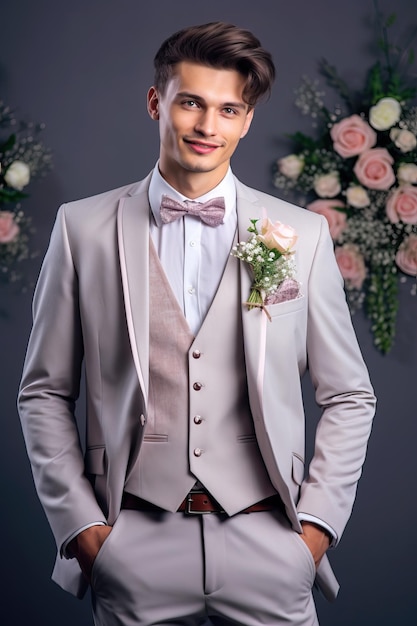 Un hombre con traje gris y corbata de moño se sienta frente a un arreglo floral.