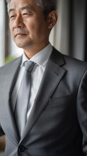 Foto un hombre en un traje gris está de pie frente a un edificio