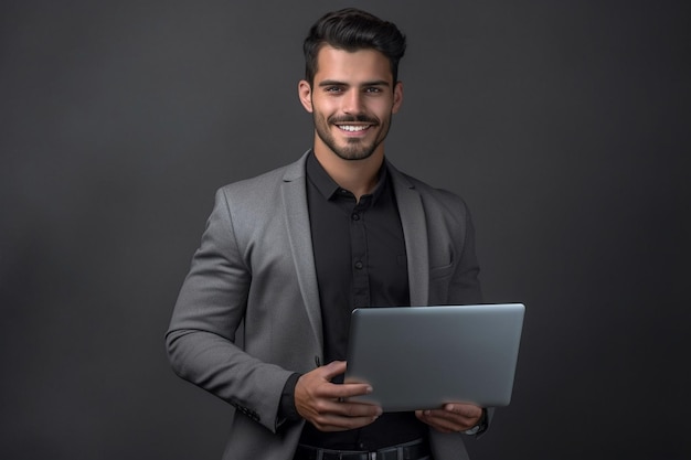 Un hombre con traje gris sostiene una computadora portátil.