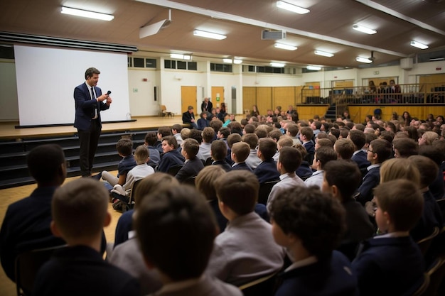 Un hombre con traje habla a una multitud de estudiantes en un salón de clases.