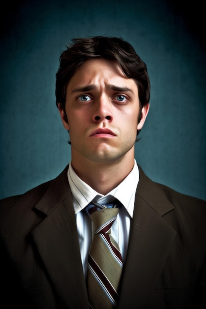 Un hombre con traje marrón y corbata con la palabra "en él"