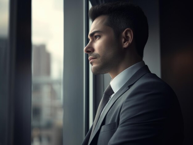 Un hombre de traje mira por la ventana Un hombre de negocios o empleado de una empresa