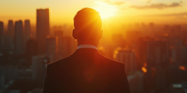 Foto hombre de traje está mirando a la ciudad al sol