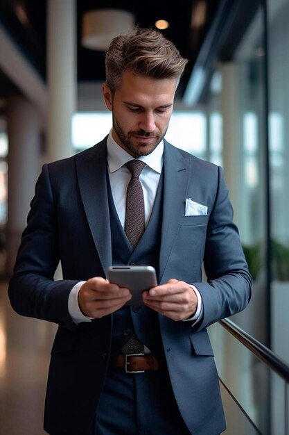 un hombre de traje mirando su teléfono celular