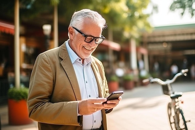 un hombre en traje mirando su teléfono celular