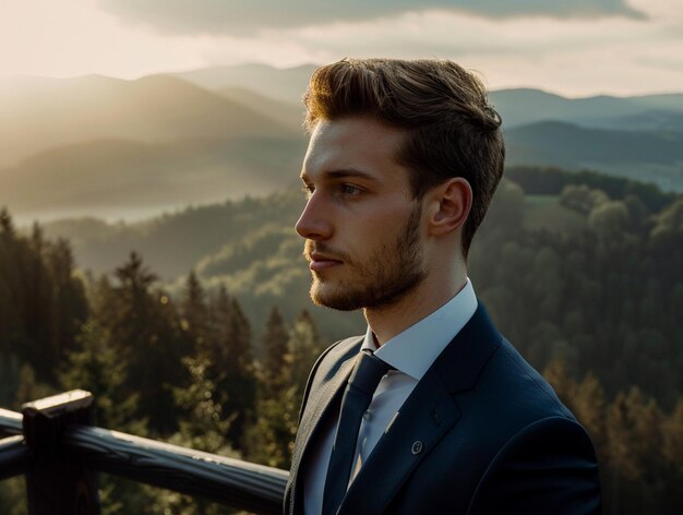 Foto un hombre de traje en las montañas generado por la ia