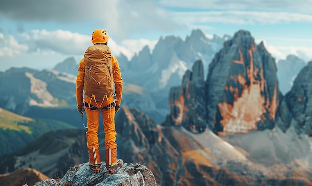 un hombre en un traje naranja se encuentra en la cima de una montaña con montañas en el fondo