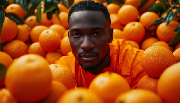 Hombre con traje naranja rodeado de naranjas