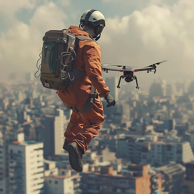 Foto un hombre con un traje naranja está volando un dron con un casco