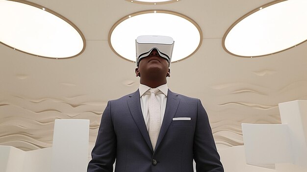 hombre en un traje de negocios emocionalmente alegre sorprendido en el hospital con gafas de sol de realidad virtual