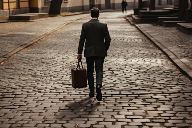 un hombre con un traje de negocios con un maletín va a trabajar en las viejas calles de la ciudad concepto de negocio generativo ai