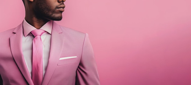 Hombre en traje de negocios rosado posando contra un telón de fondo rosado