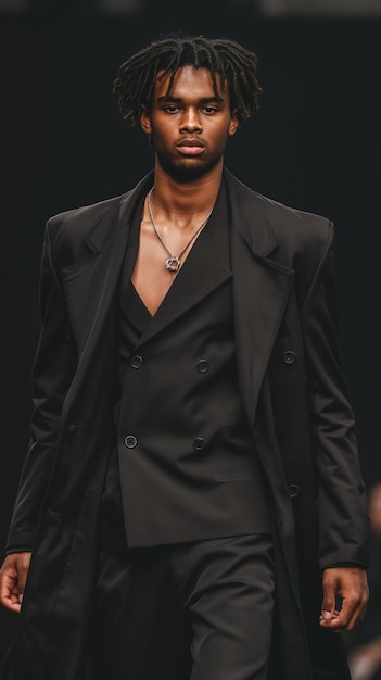 un hombre con un traje negro con una cadena de oro en el frente