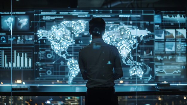 Foto un hombre en un traje negro de pie frente a una pantalla de computadora que muestra un mapa del mundo