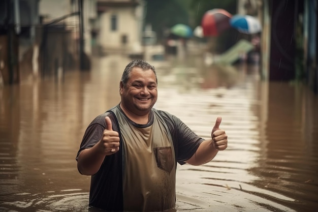 Un hombre con traje de neopreno está parado en una calle inundada con los pulgares hacia arriba