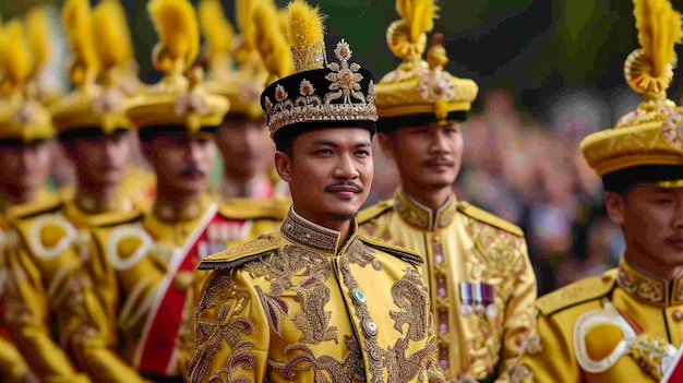 un hombre con un traje de oro y oro con una corona en él