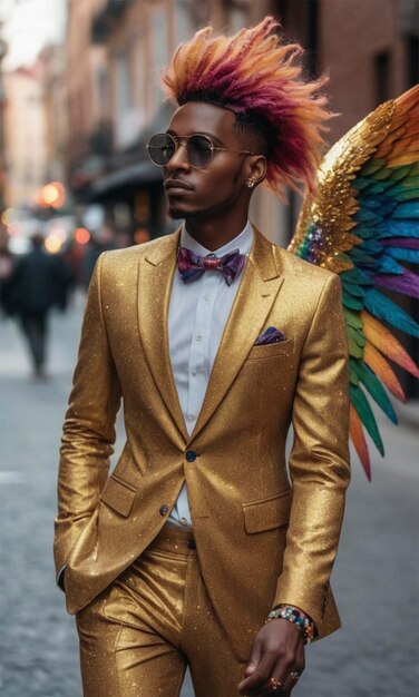 Foto un hombre en un traje de oro con una pluma de pavo real en la cabeza