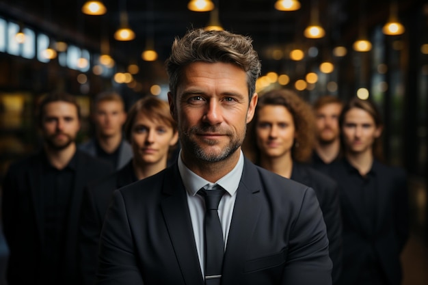 Un hombre de traje con otras personas en el fondo.