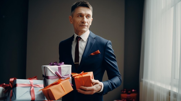 Un hombre de traje con un pañuelo de bolsillo rojo que dice "feliz cumpleaños".