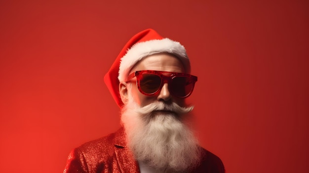 Un hombre con traje de Papá Noel con sombrero de Papá Noel y gafas de sol se para frente a un fondo rojo.