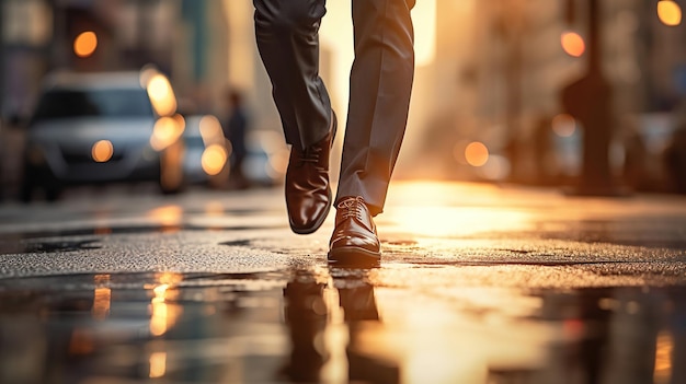 Un hombre con traje y un par de zapatos caminando por una carretera asfaltada Ai generativo