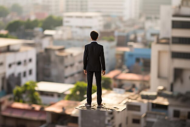 Hombre de traje de pie en la cima de un edificio de la ciudad