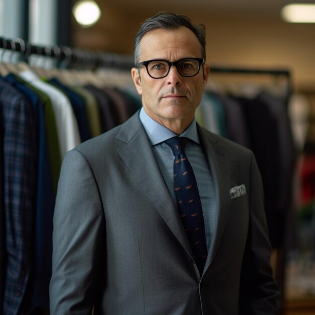 Foto un hombre de traje está de pie frente a un estante de ropa.