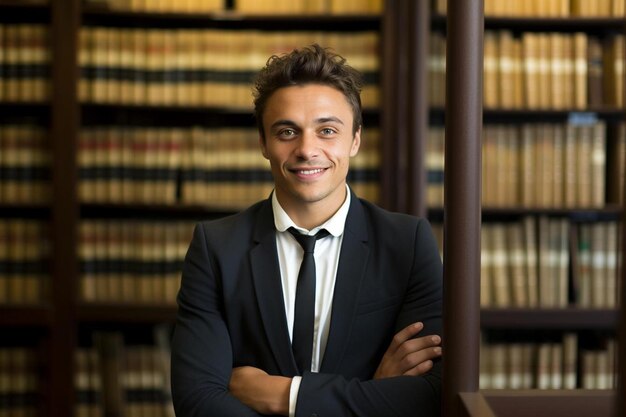 un hombre en un traje de pie frente a una fila de libros