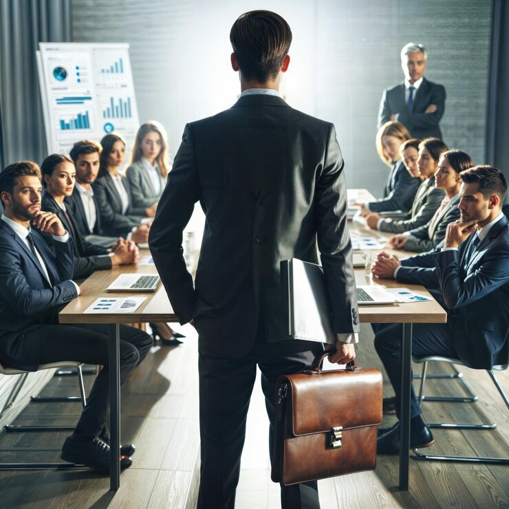 un hombre en un traje de pie frente a un grupo de personas en una sala de conferencias