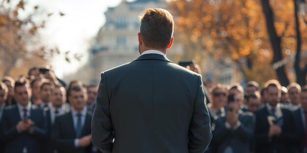 Foto un hombre en un traje de pie frente a una multitud de personas