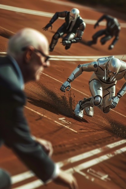 Foto un hombre en un traje está de pie en una pista con un robot en él