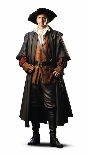 un hombre en un traje de pirata de pie con las manos en las caderas