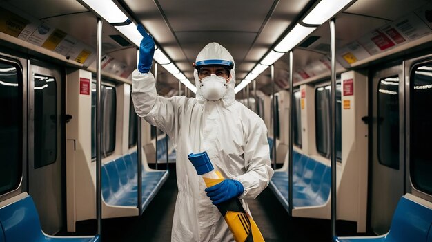 Foto hombre con traje de protección blanco desinfectando y limpiando el interior del tren subterráneo para detener la propagación de hi