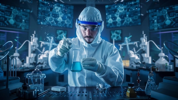 Hombre con traje de protección y gafas trabajando en el laboratorio