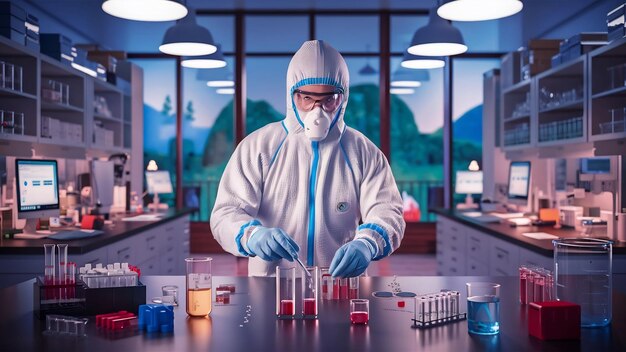 Hombre con traje de protección y gafas trabajando en el laboratorio