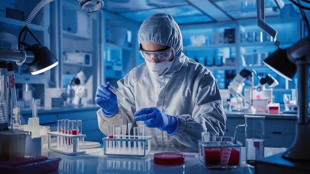 Foto hombre con traje de protección y gafas trabajando en el laboratorio