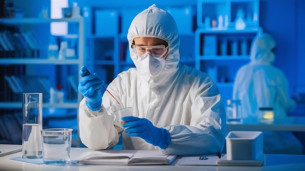 Foto hombre con traje de protección y gafas trabajando en el laboratorio