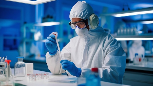 Hombre con traje de protección y gafas trabajando en el laboratorio