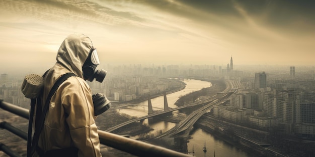 Hombre con traje protector y máscara de gas contra el peligro radiactivo La persona mira el paisaje urbano gris y sombrío desde la parte superior AI generativa