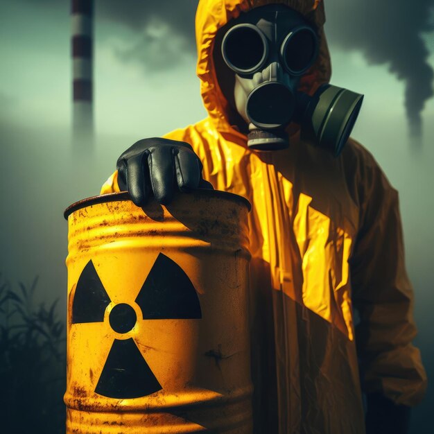 Foto un hombre con un traje protector y una máscara de radiación en un edificio destruido