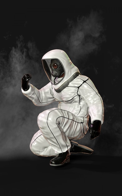 Hombre en traje protector de riesgo biológico, con máscara y rodeado de humo