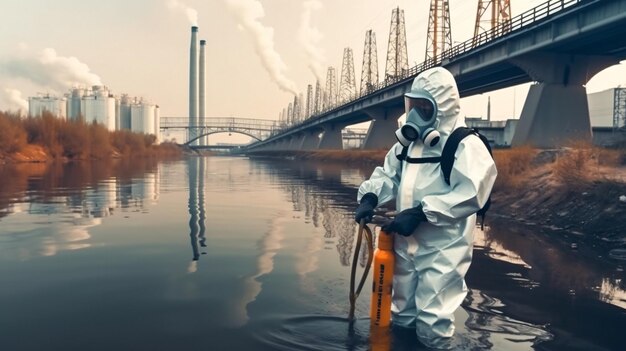 Un hombre con traje protector se para en un río frente a una fábrica.