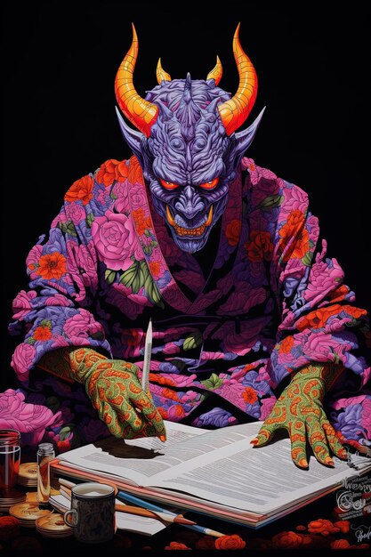 un hombre con un traje púrpura está escribiendo una carta con un lápiz