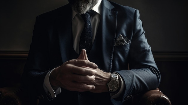 Un hombre de traje con un reloj en la muñeca.