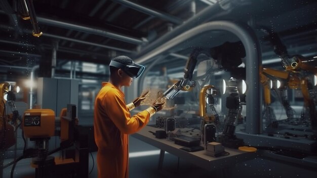 Foto un hombre en traje con un robot en una fábrica.